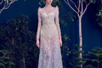 09 Illusion neckline wedding dress with pouf sleeves, lots of lace appliques and ombre pastel colors
