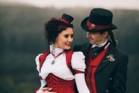 10 steampunk wedding couple with red accents looks chic