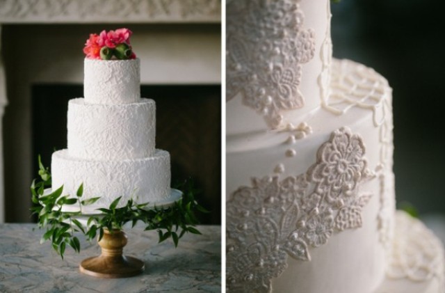 Look at the stunning lace cake topped with flowers - what can be more romantic than that