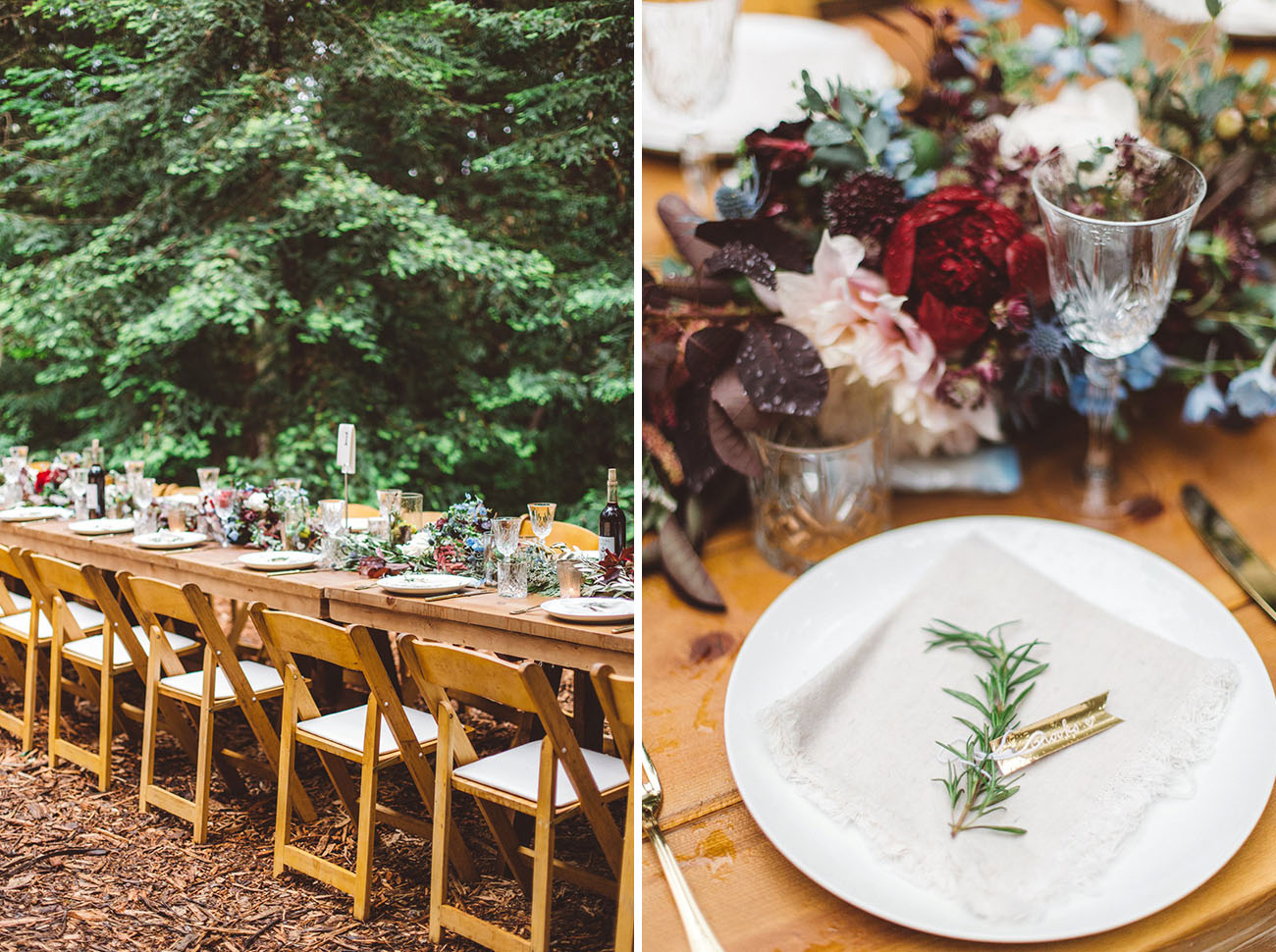 The reception was also a woodland one, with cool greenery and flower table runners