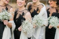 12 black illusion neckline dresses with ivory pashminas for an elegant and timeless look