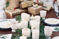 12 dreamy wedding table setting with fir branches and candles is rustic and cozy