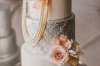 12 vintage silver and ivory wedding cake with peach flowers and pearls