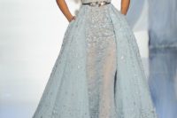 16 dusty blue lace applique wedding gown with a thin belt