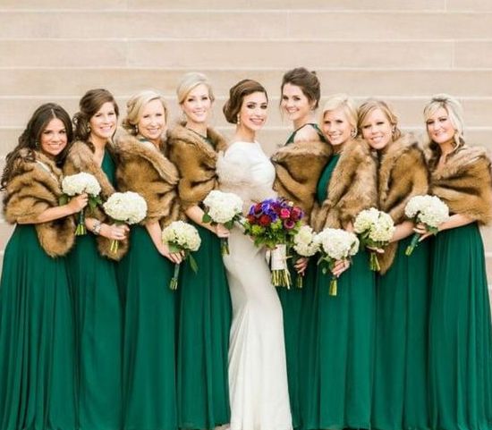 emerald green gowns and brown faux fur cover ups