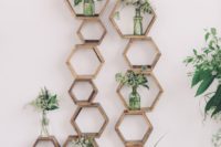 18 modern wedding decor of wooden hexagons and greenery