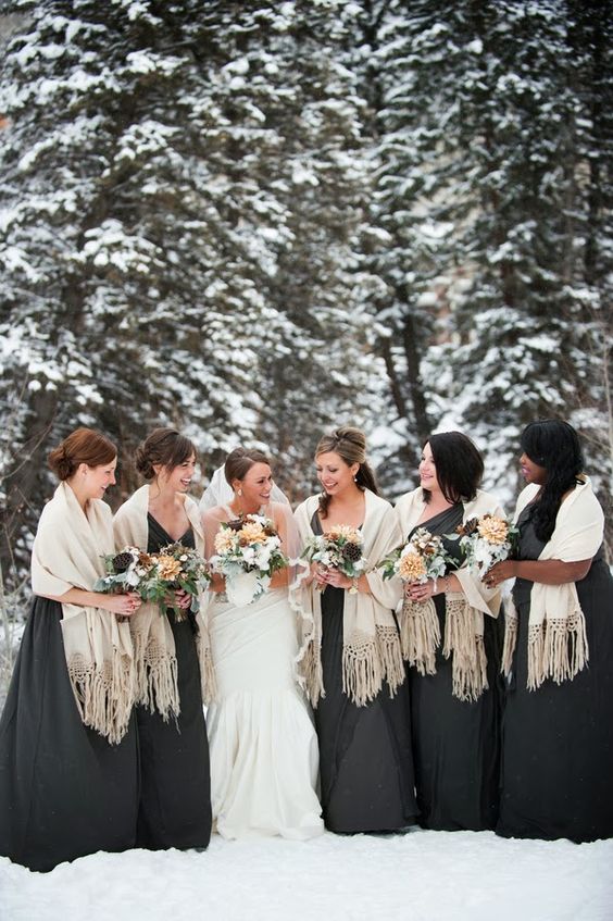 charcoal grey maxi gowns and ivory pashminas for a classic look