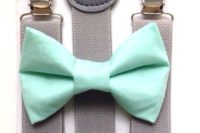 22 a mint bow tie and grey suspenders