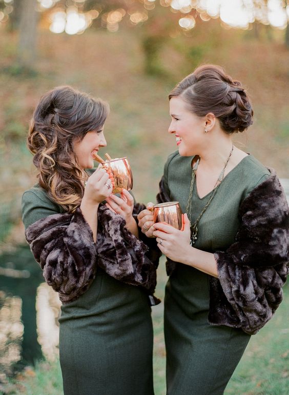 green midi dresses with rich brown faux fur