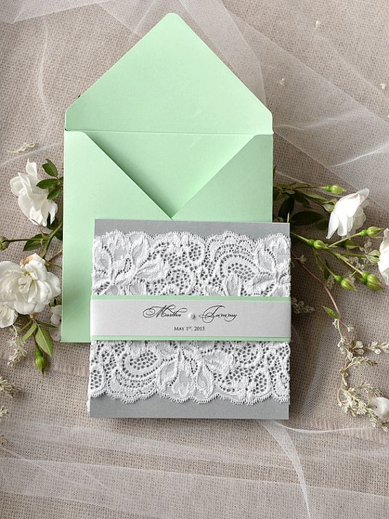mint and grey lace invitations