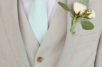 24 dove grey with a white shirt and a mint tie look very refreshing