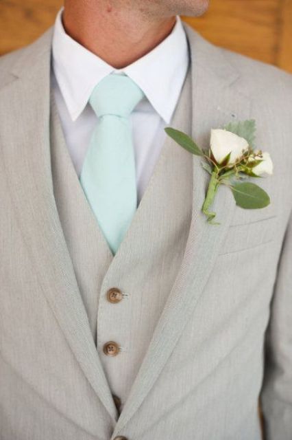 dove grey with a white shirt and a mint tie look very refreshing
