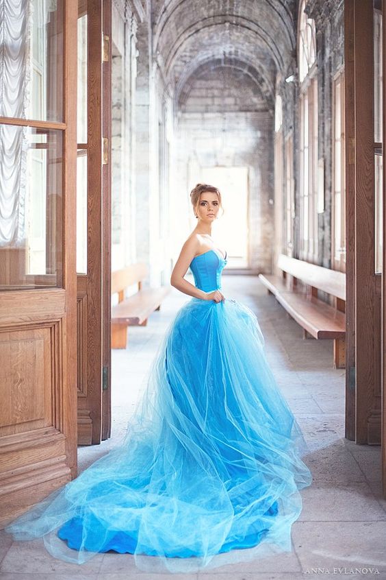 bold blue strapless wedding dress