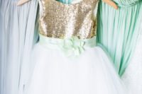 27 mint flower girl dress with a gold sequin top