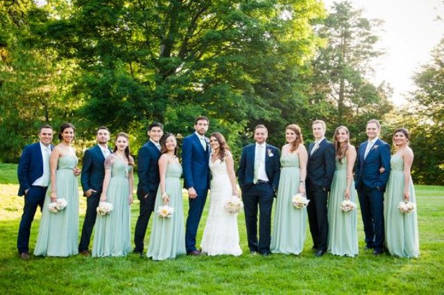 navy suits for groomsmen, mint maxi dresses for bridesmaids