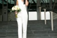 28 bridal pantsuit without sleeves, with metallic heels is drop dead gorgeous