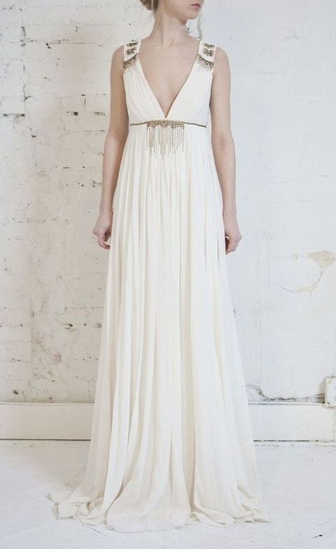 flowing V neck gown with embellishments