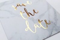 30 marble save the dates with gold calligraphy