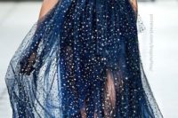 31 starry midnight blue wedding dress with black ribbon