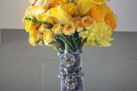 31 sunny yellow bouquet with grey velvet wraps