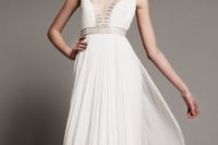 32 airy flowing Grecian wedding gown with a V neckline and gold lace