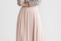 32 cable knit dove grey turtleneck and a blush maxi skirt for a chic bridesmaid’s separate