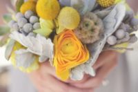 32 textural yellow and grey bouquet with billy balls