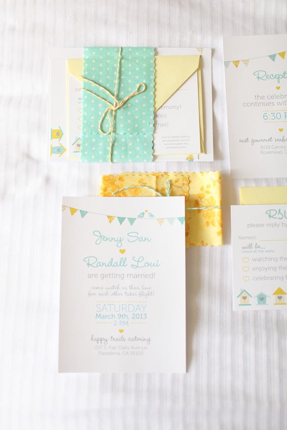 mint and yellow wedding stationery