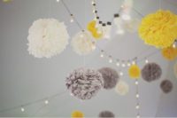 37 yellow, grey and ivory pompoms for wedding decor