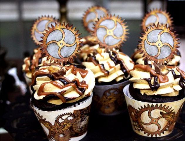chic steampunk cupcakes with gear toppers