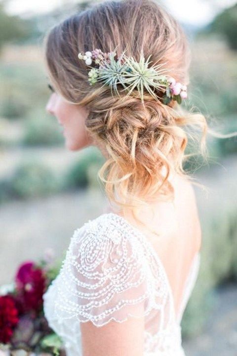 side updo with fresh succulents and flowers for a desert wedidng