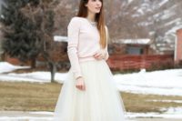 38 white tutu skirt, a blush sweater and heels, a statement necklace