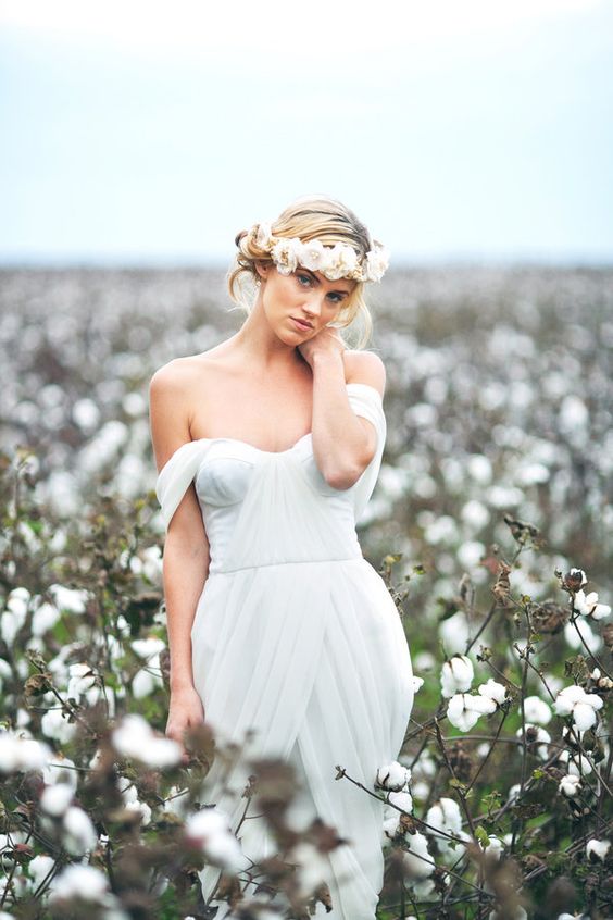 delicate cotton field bridal portrait