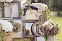 40 outdoor rustic wedding decor with frames, mirrors and hydrangeas
