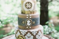 46 three tier ombre leather like canvas adorned with lace, cameo, industrial accents