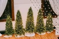 a cluster of Christmas trees with lights is a lovely Christmas wedding backdrop idea and they will bring coziness at once