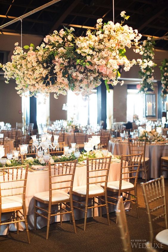 lush blush floral chandeliers over the reception