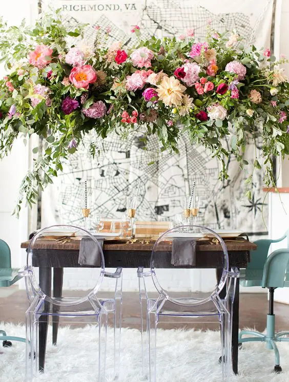lush peony chandelier for the sweetheart table