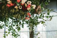 roses, anemones and greenery chandelier for a rustic wedding