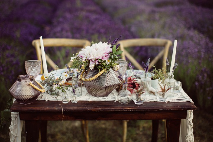 The table was decorated with succulents and wildflowers to create a balance with lush lavender fields