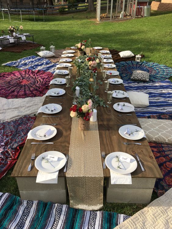 a boho bridal shower with bold round rugs