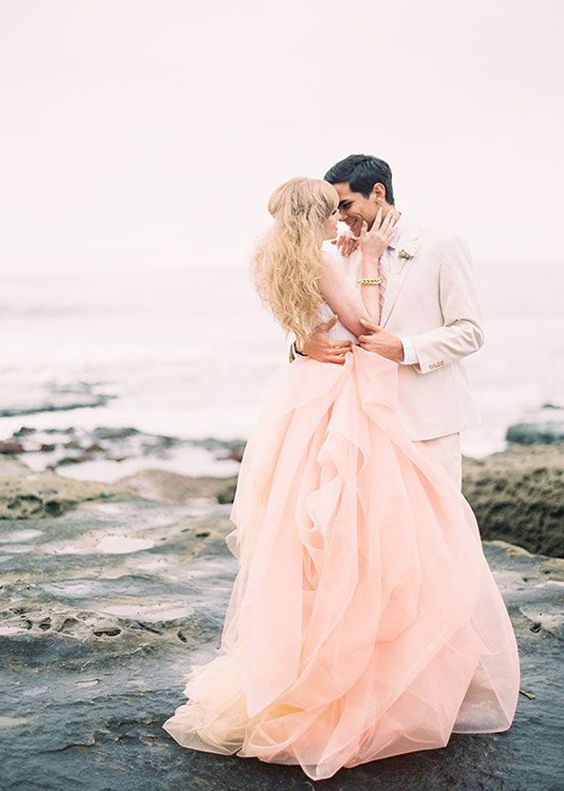 chic peach-colored wedding gown