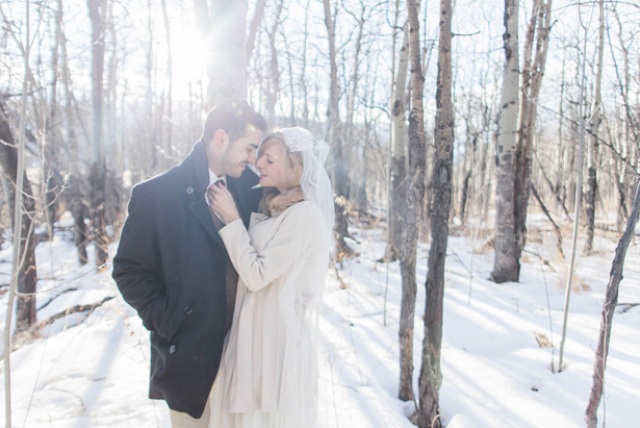 The couple looked very sweet in the snowy forest, dressed up and stylish