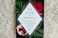 04 The stationery was done in black with tropical flowers and leaves