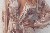 04 rose gold sequined romper with a plunging neckline