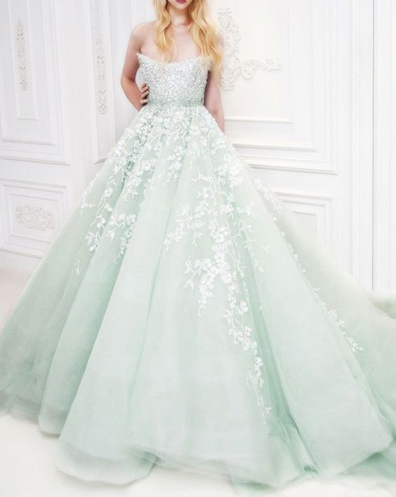 mint and white lace strapless ball gown