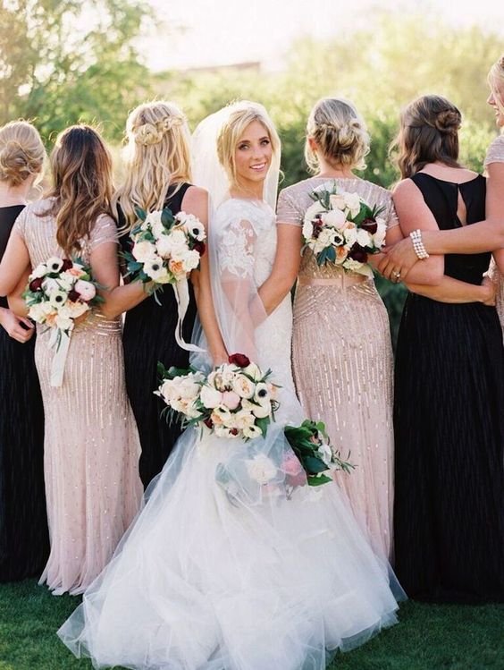 blush glitter and black dresses for the bridesmaids