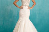 08 mermaid wedding gown features beading empire strapless sweetheart bodice, lace and sheer tulle