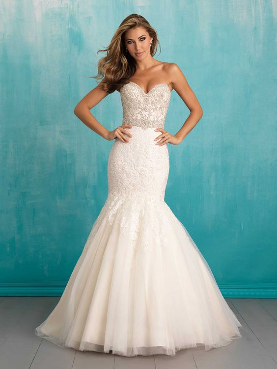 mermaid wedding gown features beading empire strapless sweetheart bodice, lace and sheer tulle