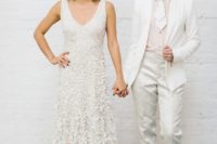 a white pantsuit with lace pants, a blush shirt and a tie, a petal thick strap wedding dress with a deep neckline and an ombre effect are a great combo